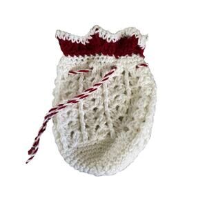 Crochet Cinch Toiletry Make Up Bag White And Red Vintage